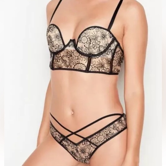 Victoria's Secret Luxe Lingerie Floral Embroidered Long Line Bra set 34B/ M - Picture 1 of 5